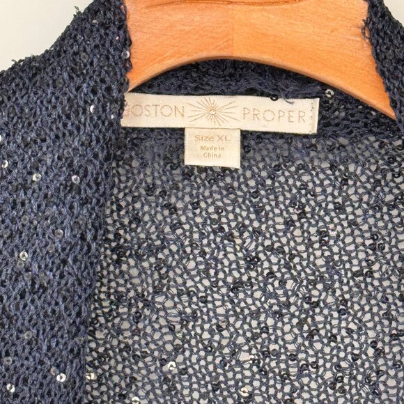 Boston Proper Navy Open-FrontSequin Knit Cardigan size XL Womens Sweater - Picture 2 of 12